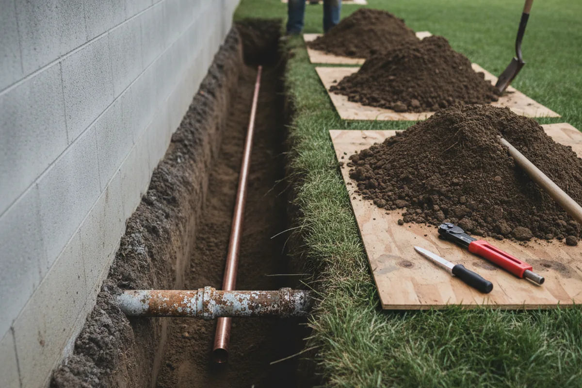 Excavated water line trench during Sewer Line Repair in Cohagen